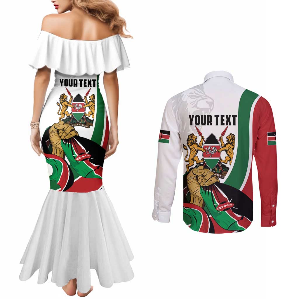 Personalized Kenya Jamhuri Day Couples Matching Mermaid Dress and Long Sleeve Button Shirt Lion With Coat Of Arms - Wonder Print Shop