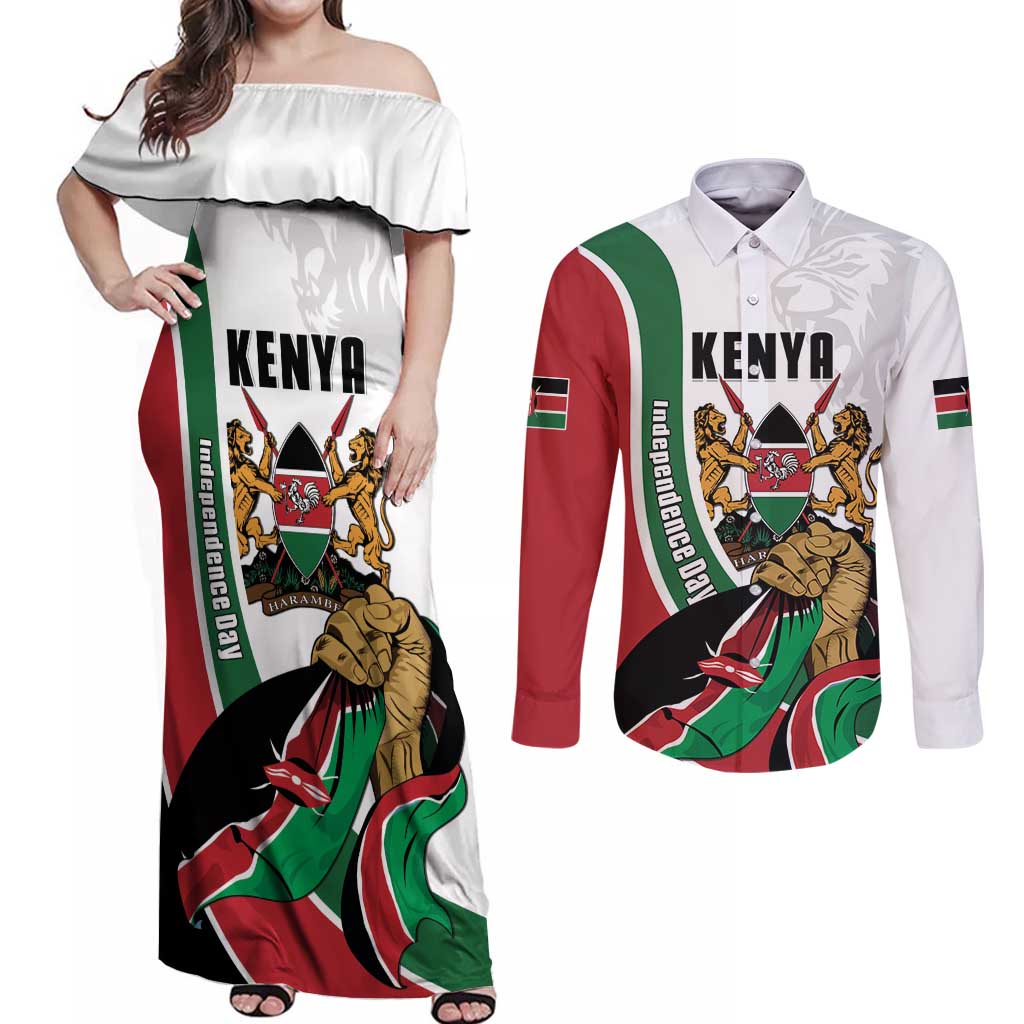 Personalized Kenya Jamhuri Day Couples Matching Off Shoulder Maxi Dress and Long Sleeve Button Shirt Lion With Coat Of Arms - Wonder Print Shop