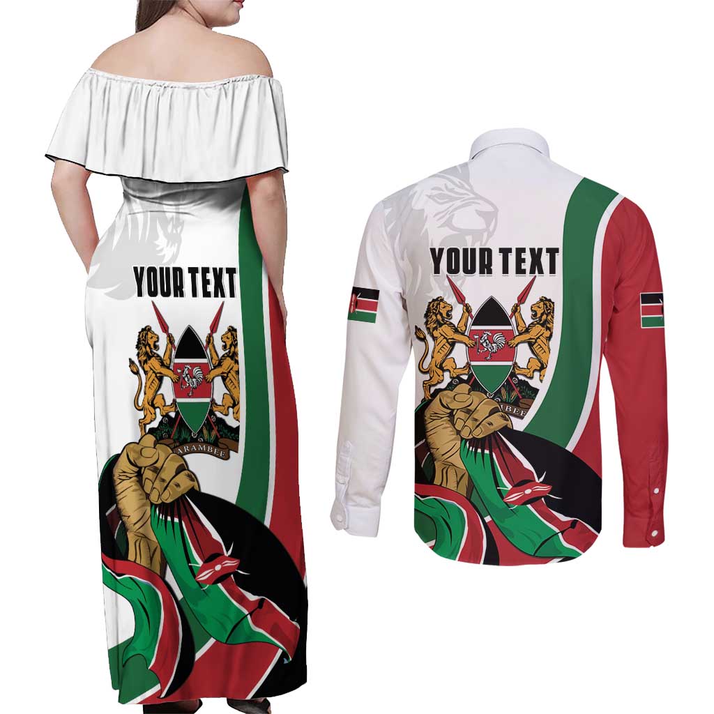 Personalized Kenya Jamhuri Day Couples Matching Off Shoulder Maxi Dress and Long Sleeve Button Shirt Lion With Coat Of Arms - Wonder Print Shop