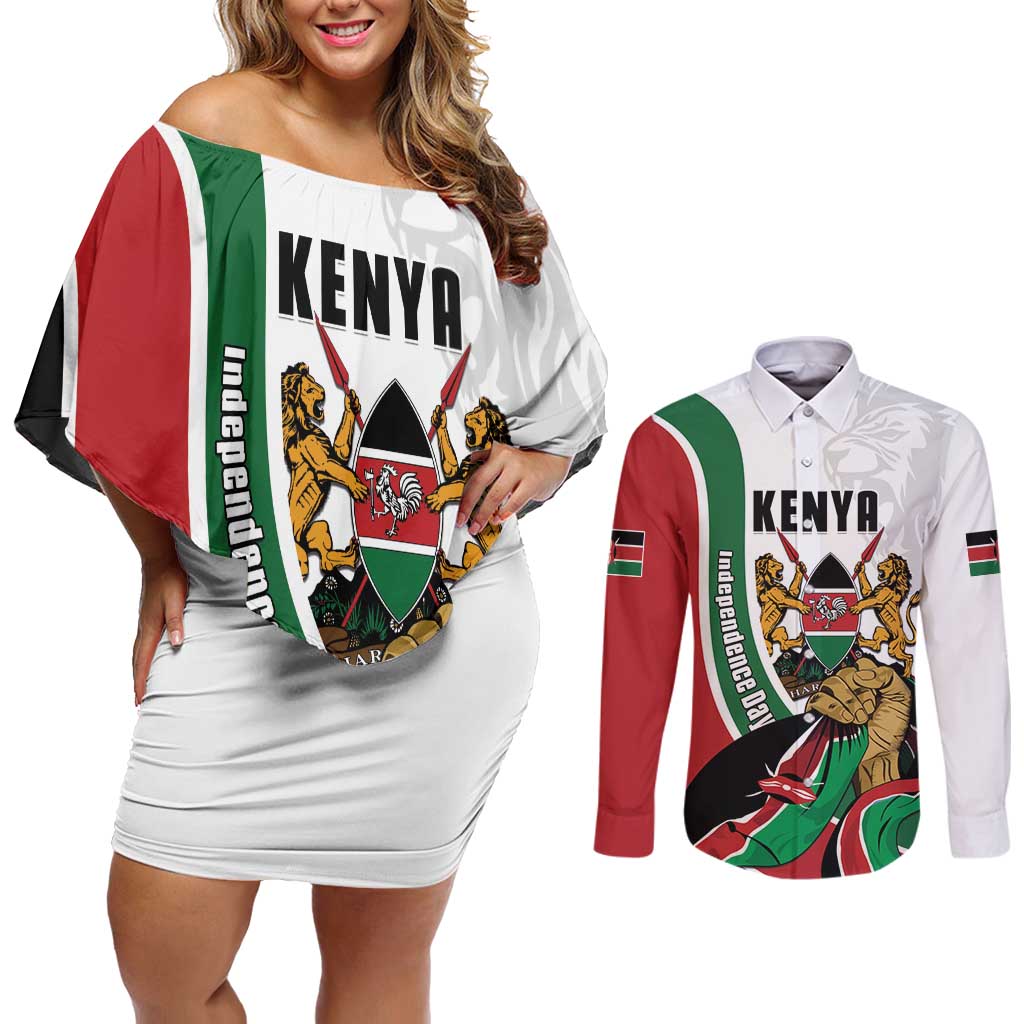Personalized Kenya Jamhuri Day Couples Matching Off Shoulder Short Dress and Long Sleeve Button Shirt Lion With Coat Of Arms - Wonder Print Shop