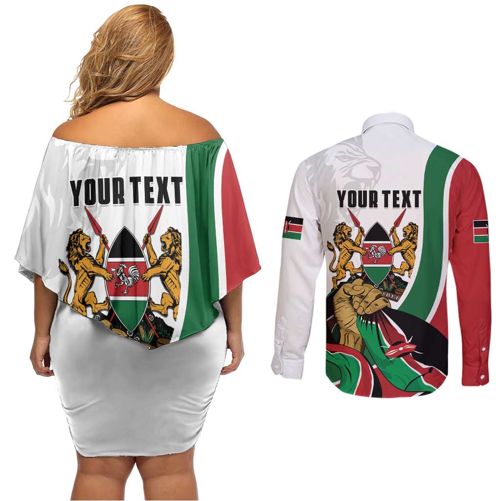 Personalized Kenya Jamhuri Day Couples Matching Off Shoulder Short Dress and Long Sleeve Button Shirt Lion With Coat Of Arms - Wonder Print Shop