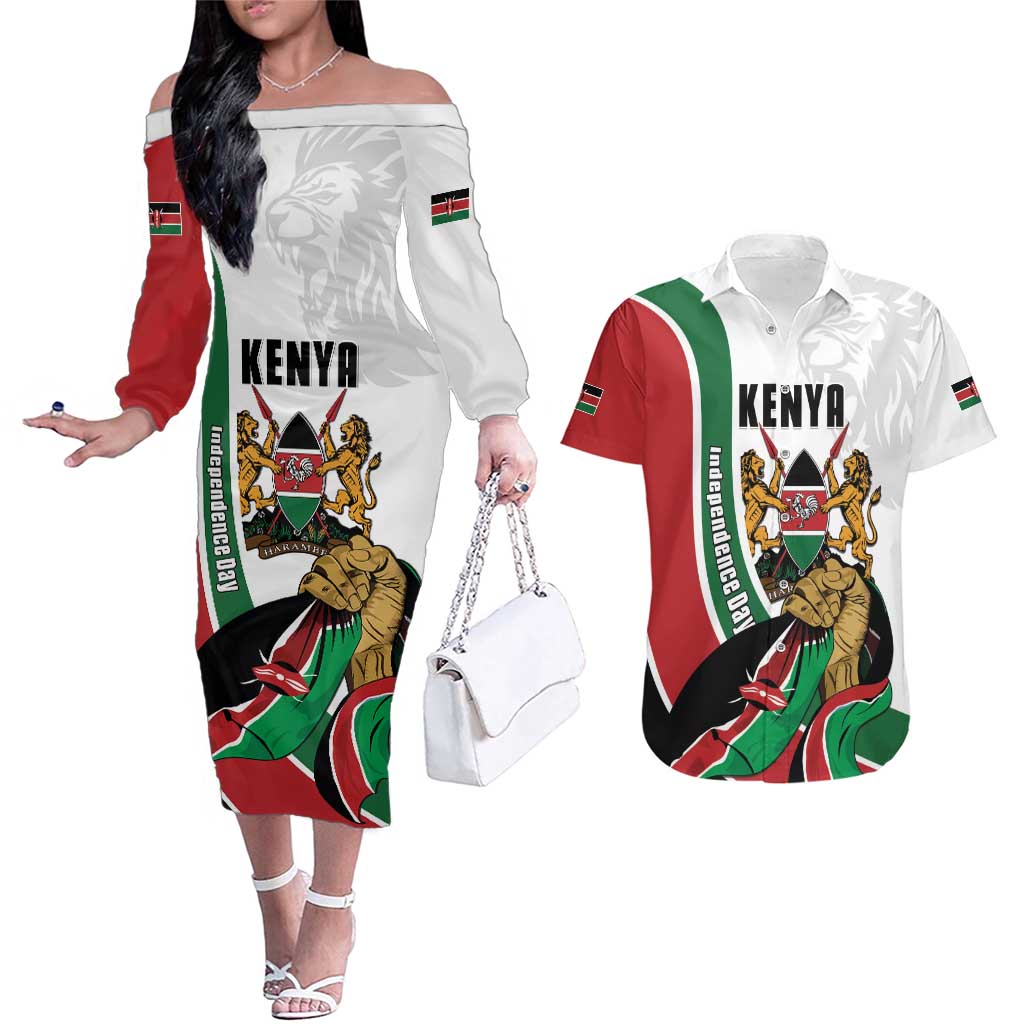 Personalized Kenya Jamhuri Day Couples Matching Off The Shoulder Long Sleeve Dress and Hawaiian Shirt Lion With Coat Of Arms - Wonder Print Shop