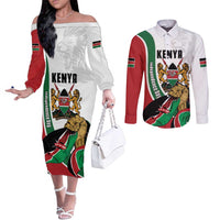Personalized Kenya Jamhuri Day Couples Matching Off The Shoulder Long Sleeve Dress and Long Sleeve Button Shirt Lion With Coat Of Arms - Wonder Print Shop