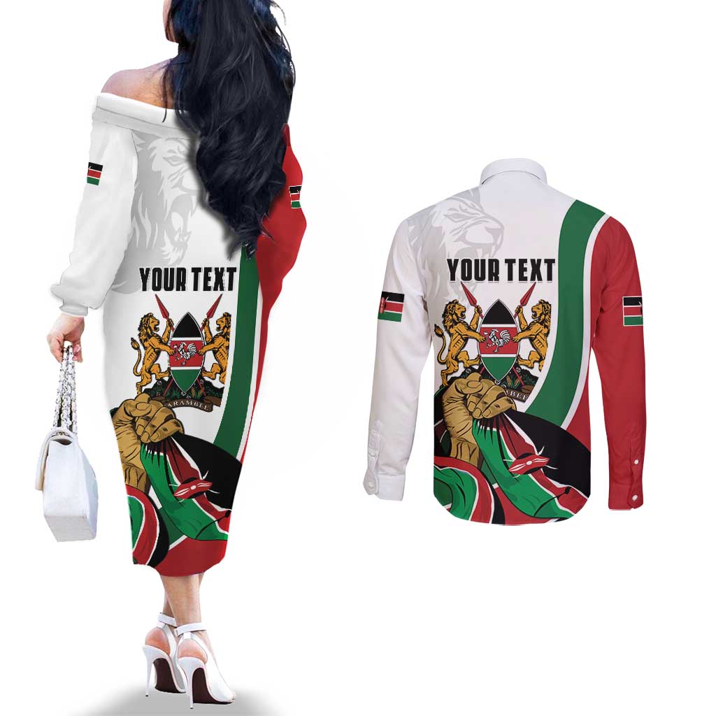 Personalized Kenya Jamhuri Day Couples Matching Off The Shoulder Long Sleeve Dress and Long Sleeve Button Shirt Lion With Coat Of Arms - Wonder Print Shop