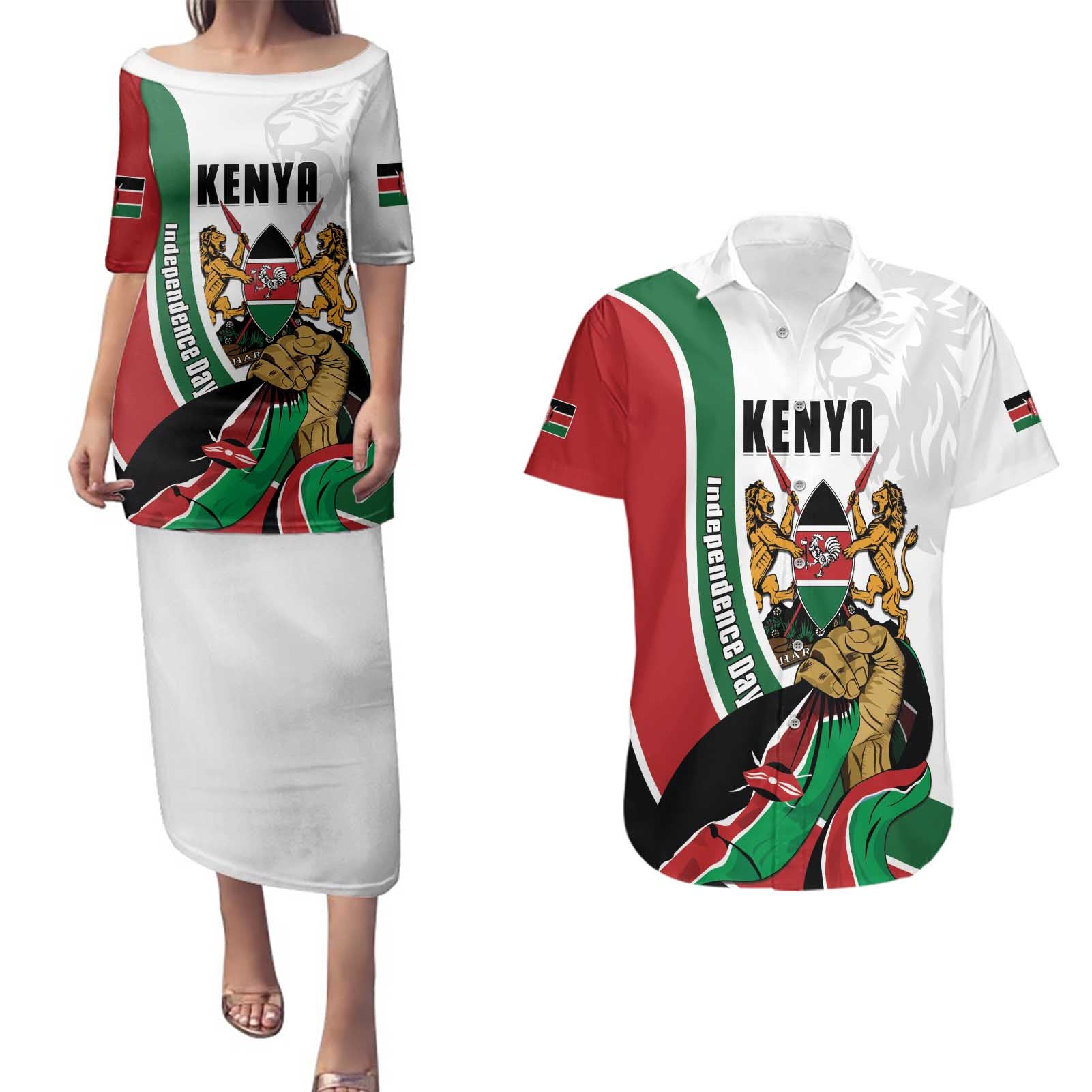 Personalized Kenya Jamhuri Day Couples Matching Puletasi and Hawaiian Shirt Lion With Coat Of Arms - Wonder Print Shop