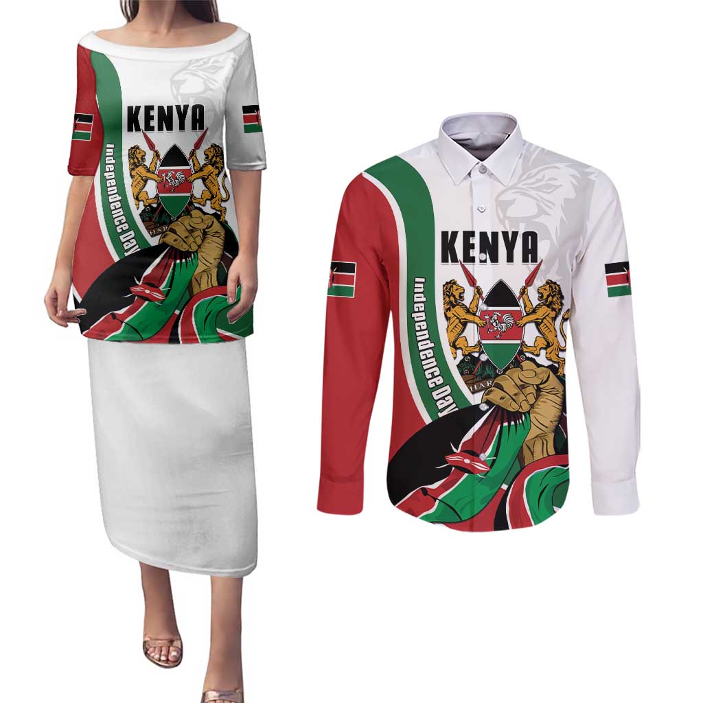 Personalized Kenya Jamhuri Day Couples Matching Puletasi and Long Sleeve Button Shirt Lion With Coat Of Arms - Wonder Print Shop