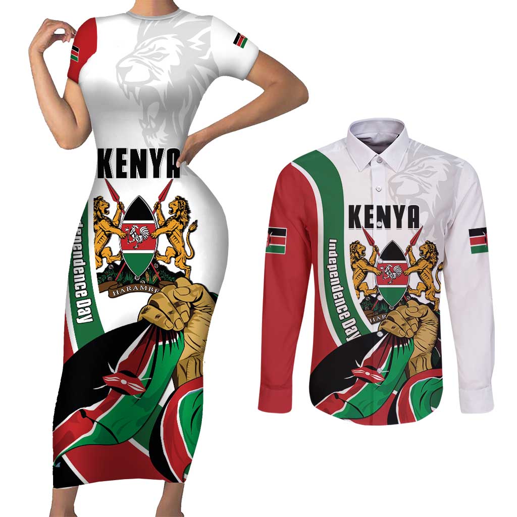 Personalized Kenya Jamhuri Day Couples Matching Short Sleeve Bodycon Dress and Long Sleeve Button Shirt Lion With Coat Of Arms - Wonder Print Shop