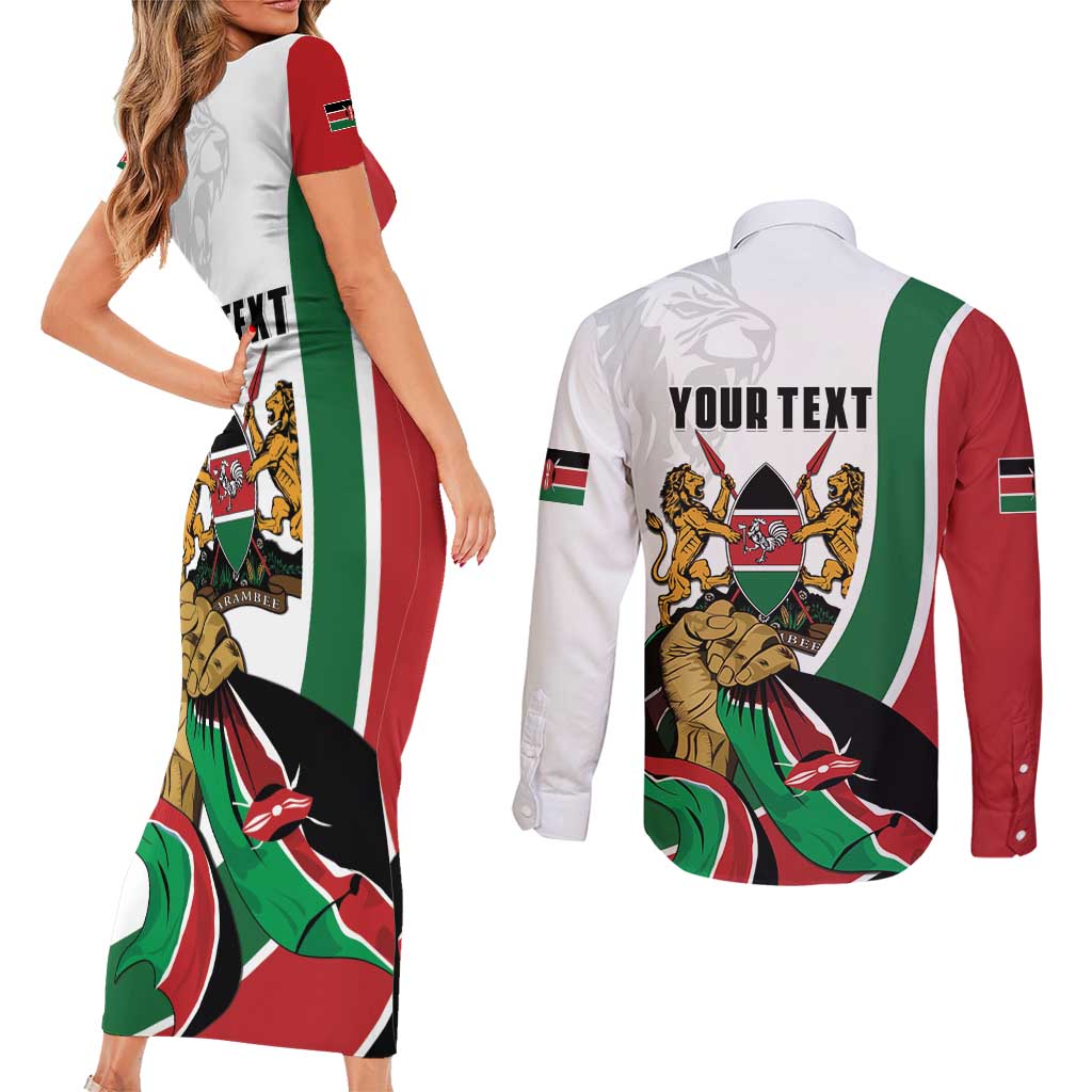 Personalized Kenya Jamhuri Day Couples Matching Short Sleeve Bodycon Dress and Long Sleeve Button Shirt Lion With Coat Of Arms - Wonder Print Shop