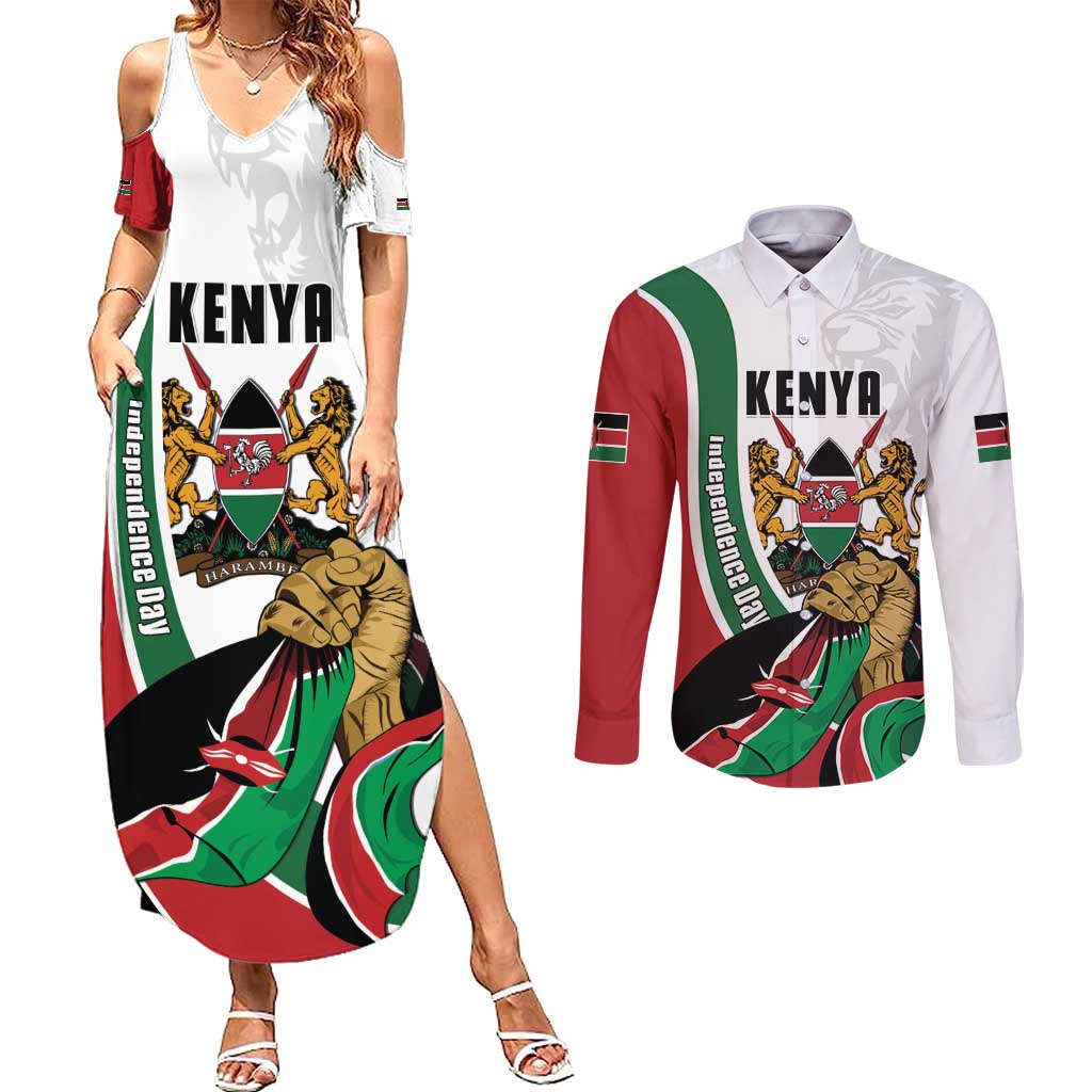 Personalized Kenya Jamhuri Day Couples Matching Summer Maxi Dress and Long Sleeve Button Shirt Lion With Coat Of Arms - Wonder Print Shop
