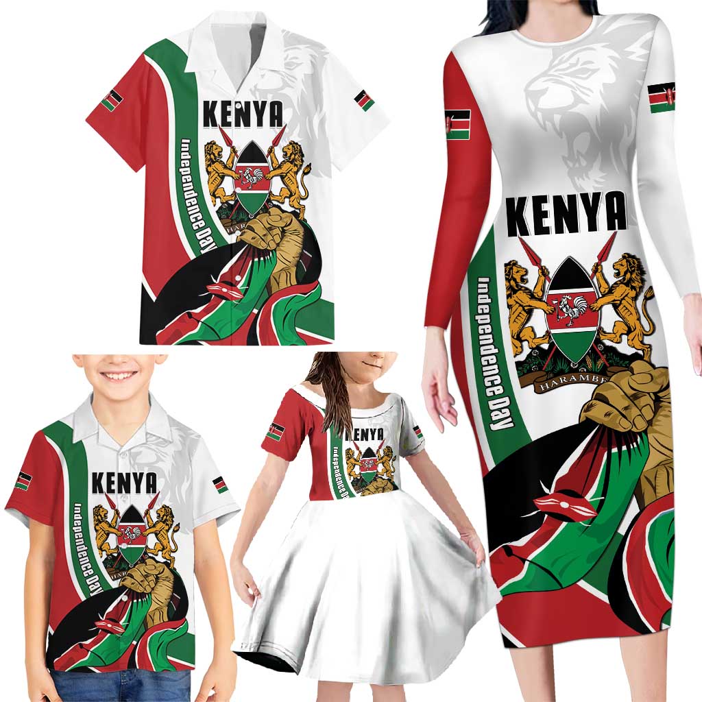 Personalized Kenya Jamhuri Day Family Matching Long Sleeve Bodycon Dress and Hawaiian Shirt Lion With Coat Of Arms - Wonder Print Shop