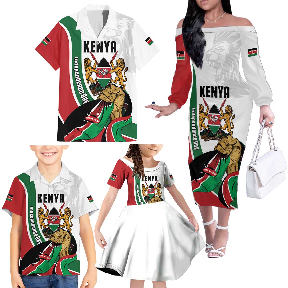 Personalized Kenya Jamhuri Day Family Matching Off The Shoulder Long Sleeve Dress and Hawaiian Shirt Lion With Coat Of Arms - Wonder Print Shop