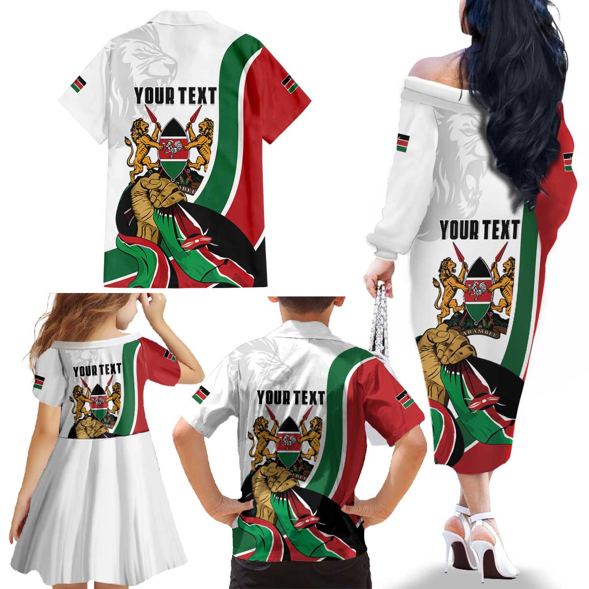 Personalized Kenya Jamhuri Day Family Matching Off The Shoulder Long Sleeve Dress and Hawaiian Shirt Lion With Coat Of Arms - Wonder Print Shop