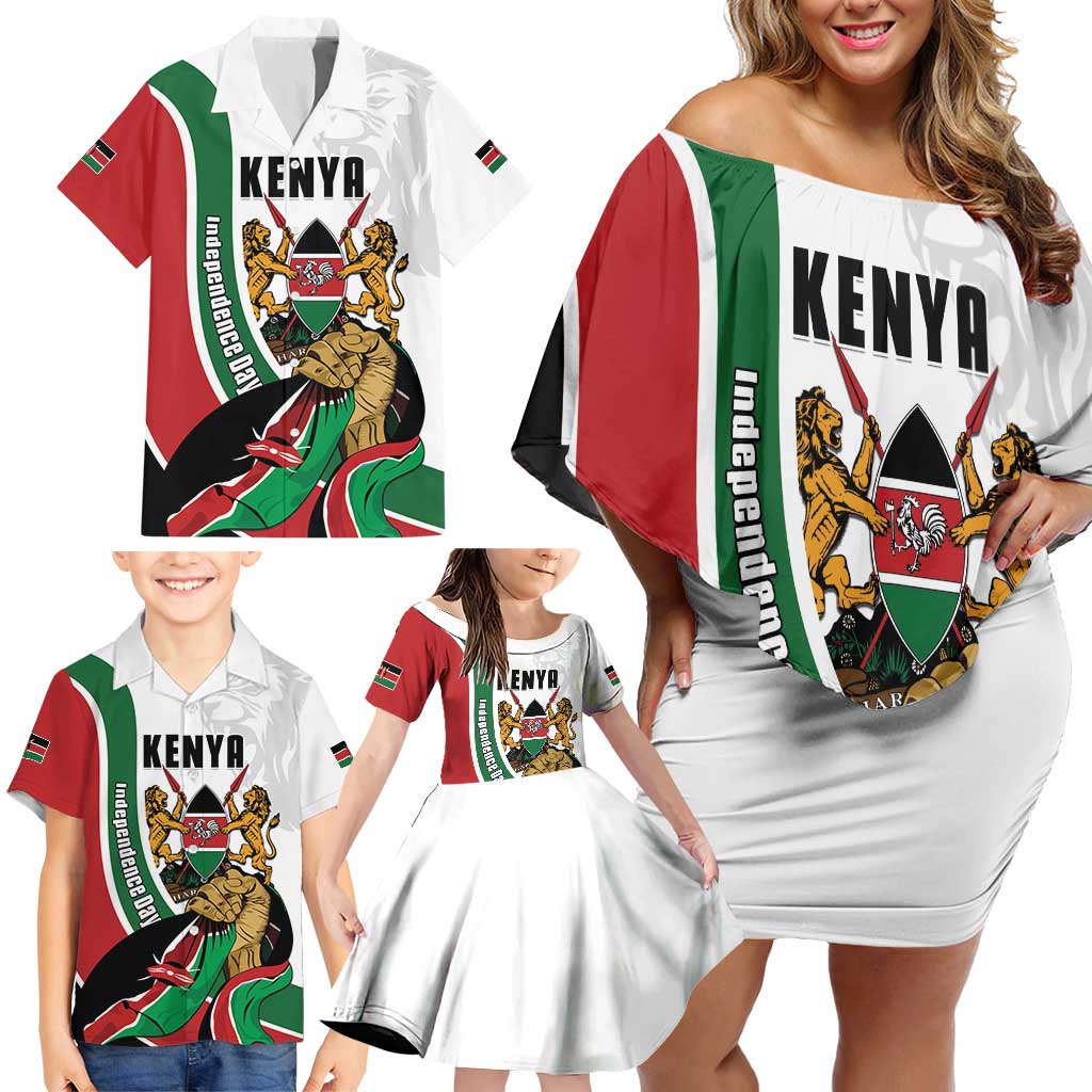Personalized Kenya Jamhuri Day Family Matching Off Shoulder Short Dress and Hawaiian Shirt Lion With Coat Of Arms - Wonder Print Shop