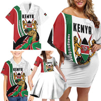 Personalized Kenya Jamhuri Day Family Matching Off Shoulder Short Dress and Hawaiian Shirt Lion With Coat Of Arms - Wonder Print Shop