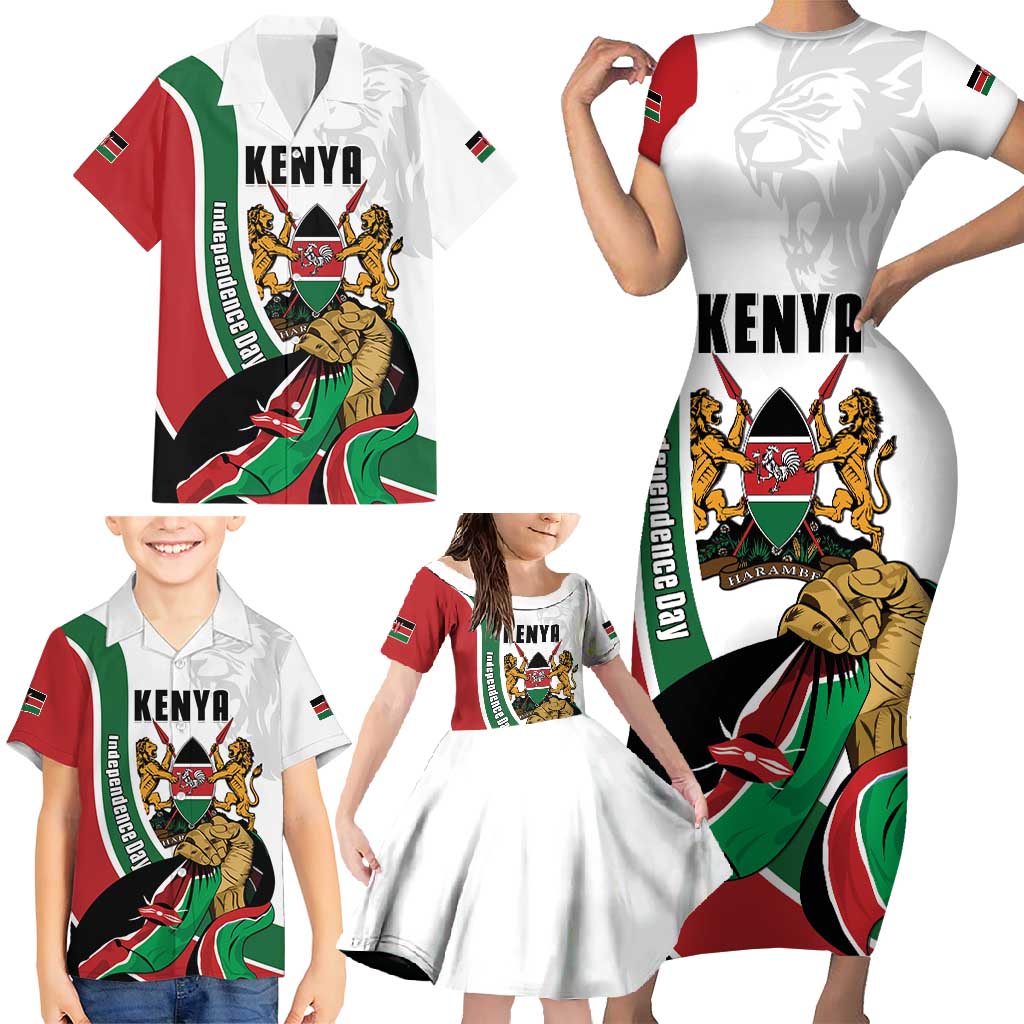 Personalized Kenya Jamhuri Day Family Matching Short Sleeve Bodycon Dress and Hawaiian Shirt Lion With Coat Of Arms - Wonder Print Shop