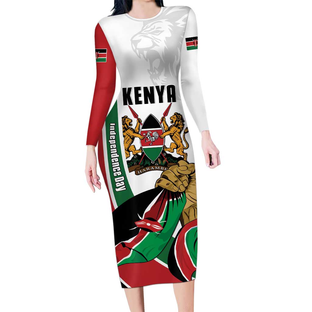 Personalized Kenya Jamhuri Day Long Sleeve Bodycon Dress Lion With Coat Of Arms - Wonder Print Shop