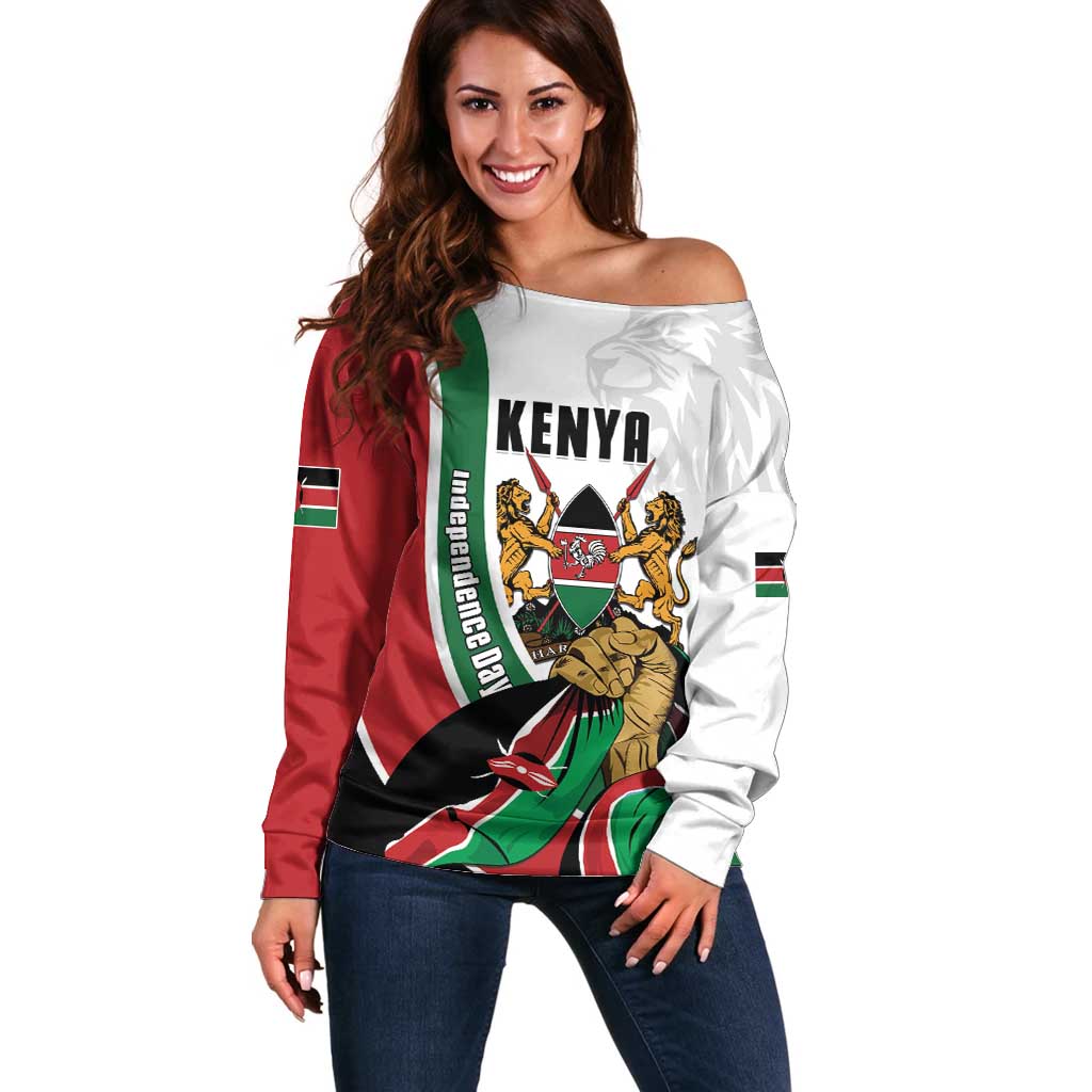 Personalized Kenya Jamhuri Day Off Shoulder Sweater Lion With Coat Of Arms - Wonder Print Shop
