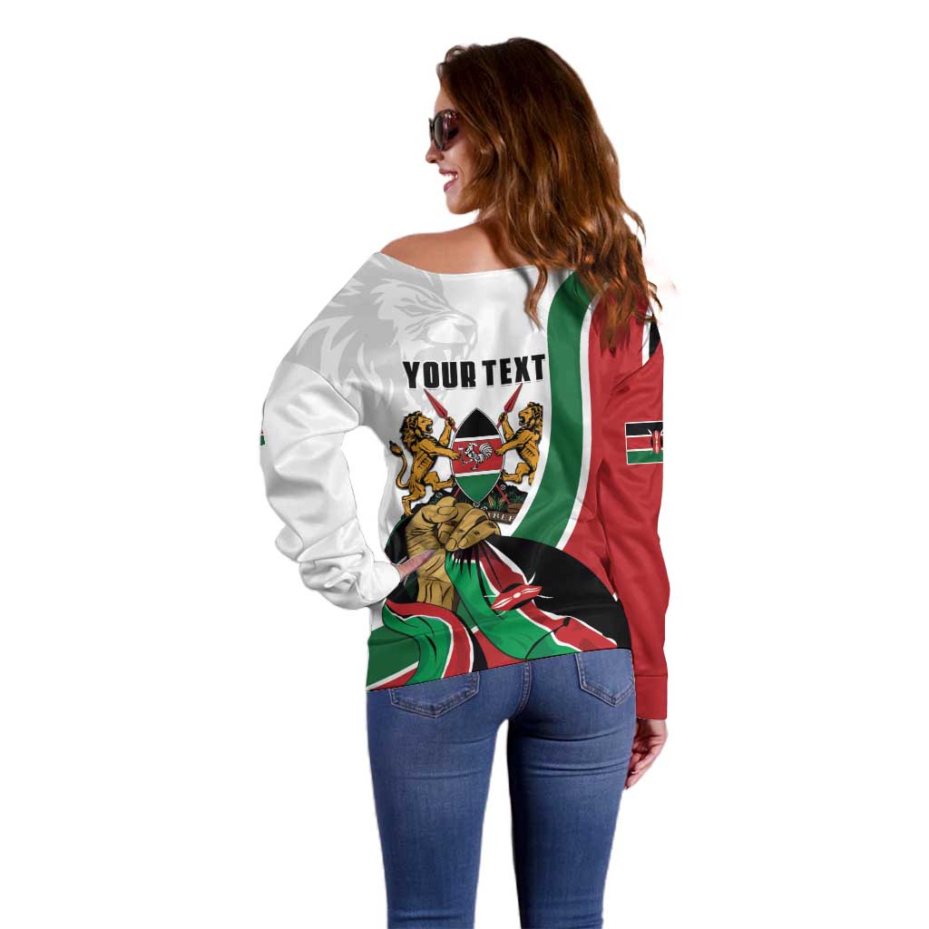 Personalized Kenya Jamhuri Day Off Shoulder Sweater Lion With Coat Of Arms - Wonder Print Shop