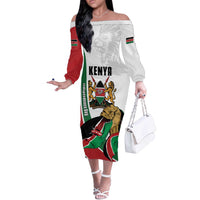 Personalized Kenya Jamhuri Day Off The Shoulder Long Sleeve Dress Lion With Coat Of Arms - Wonder Print Shop