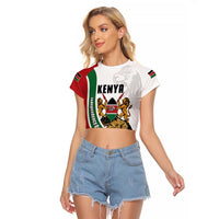 Personalized Kenya Jamhuri Day Raglan Cropped T Shirt Lion With Coat Of Arms - Wonder Print Shop