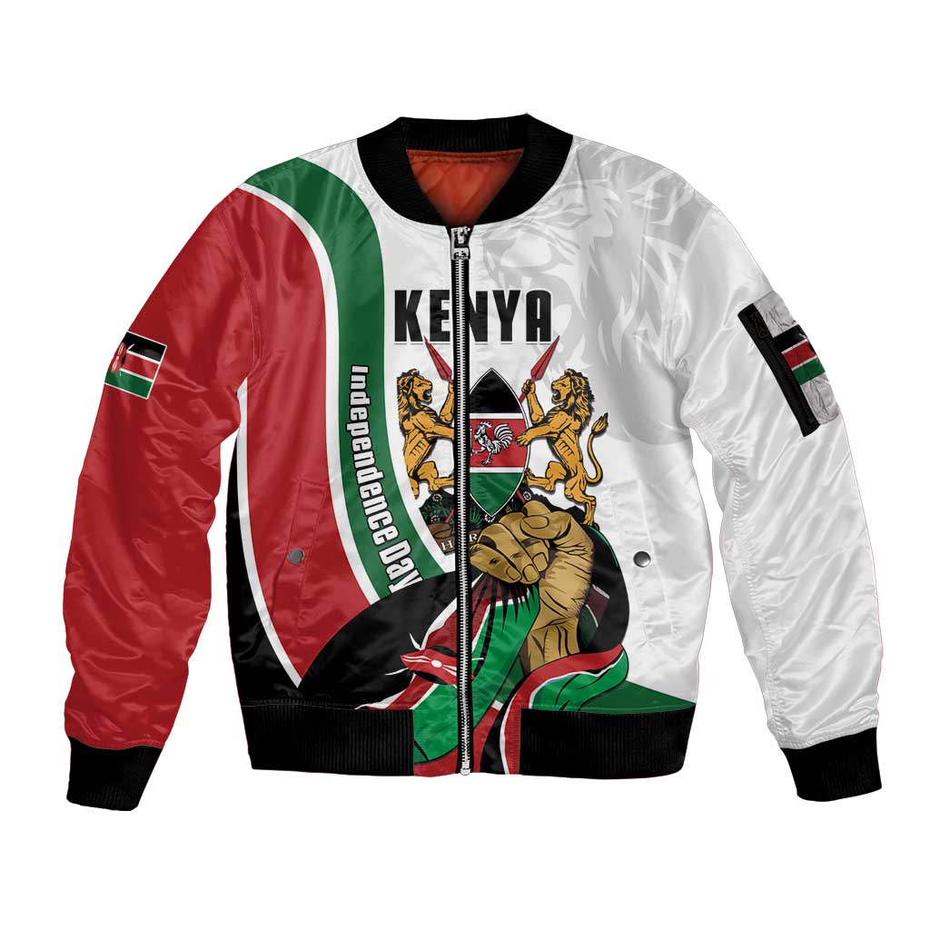 Personalized Kenya Jamhuri Day Sleeve Zip Bomber Jacket Lion With Coat Of Arms - Wonder Print Shop