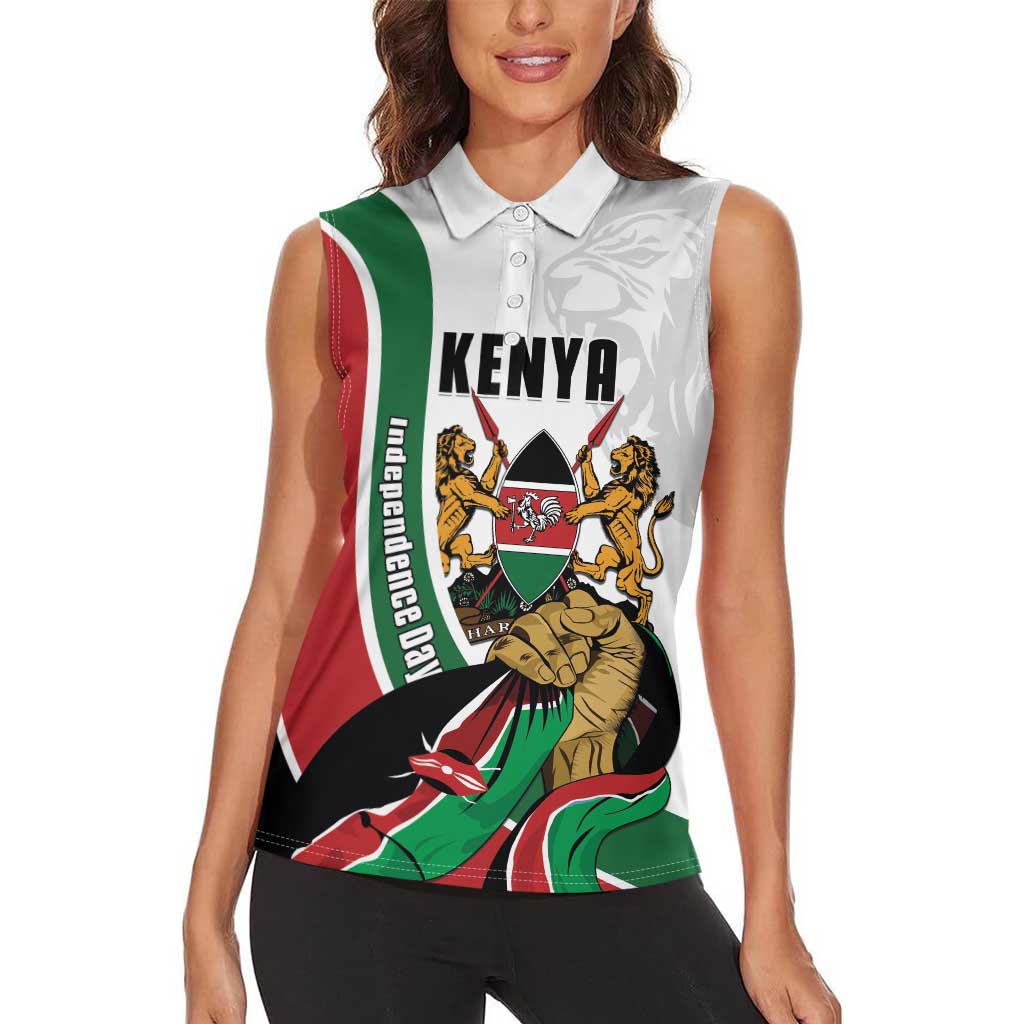 Personalized Kenya Jamhuri Day Women Sleeveless Polo Shirt Lion With Coat Of Arms - Wonder Print Shop