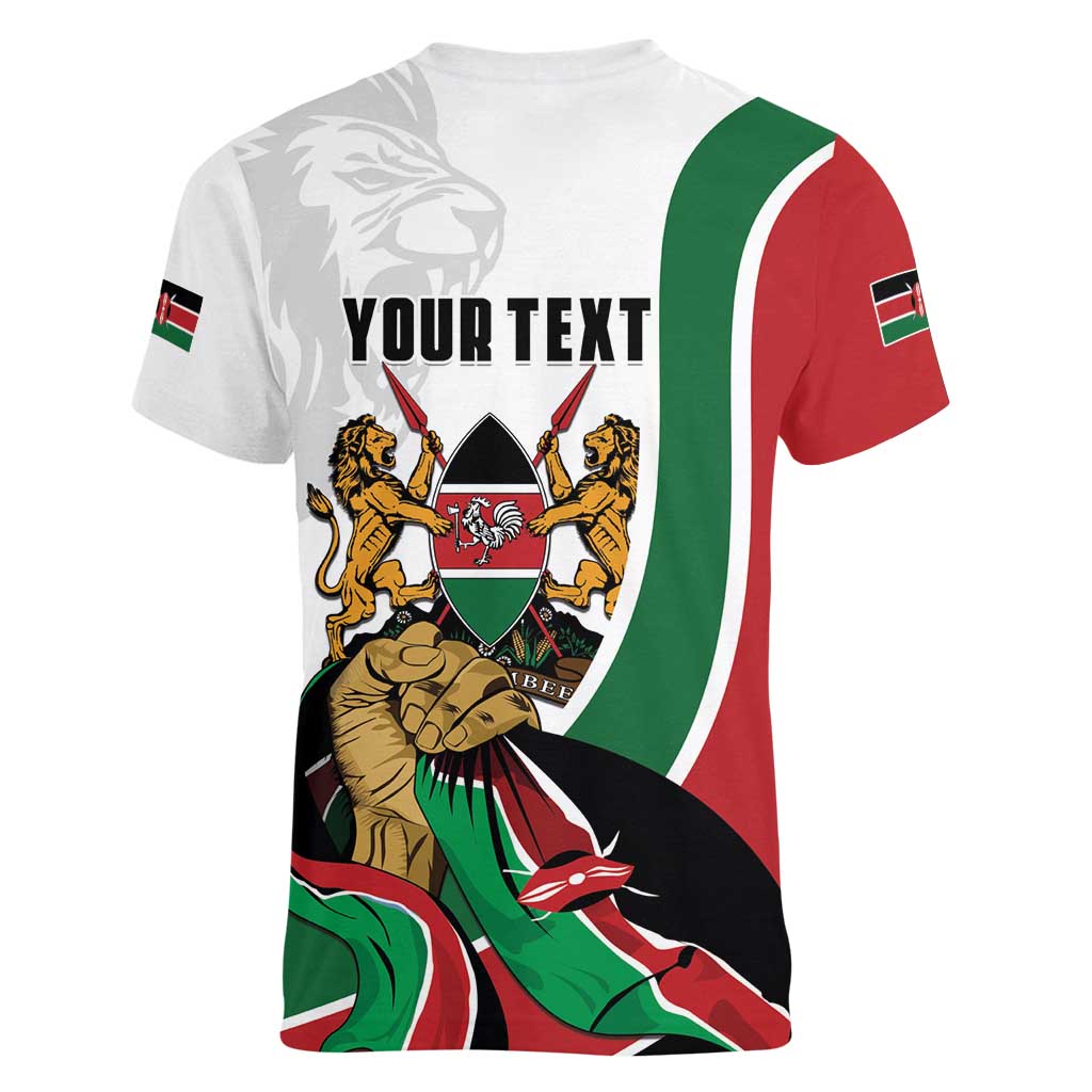 Personalized Kenya Jamhuri Day Women V-Neck T-Shirt Lion With Coat Of Arms - Wonder Print Shop