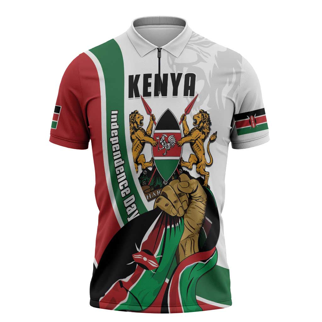 Personalized Kenya Jamhuri Day Zipper Polo Shirt Lion With Coat Of Arms - Wonder Print Shop