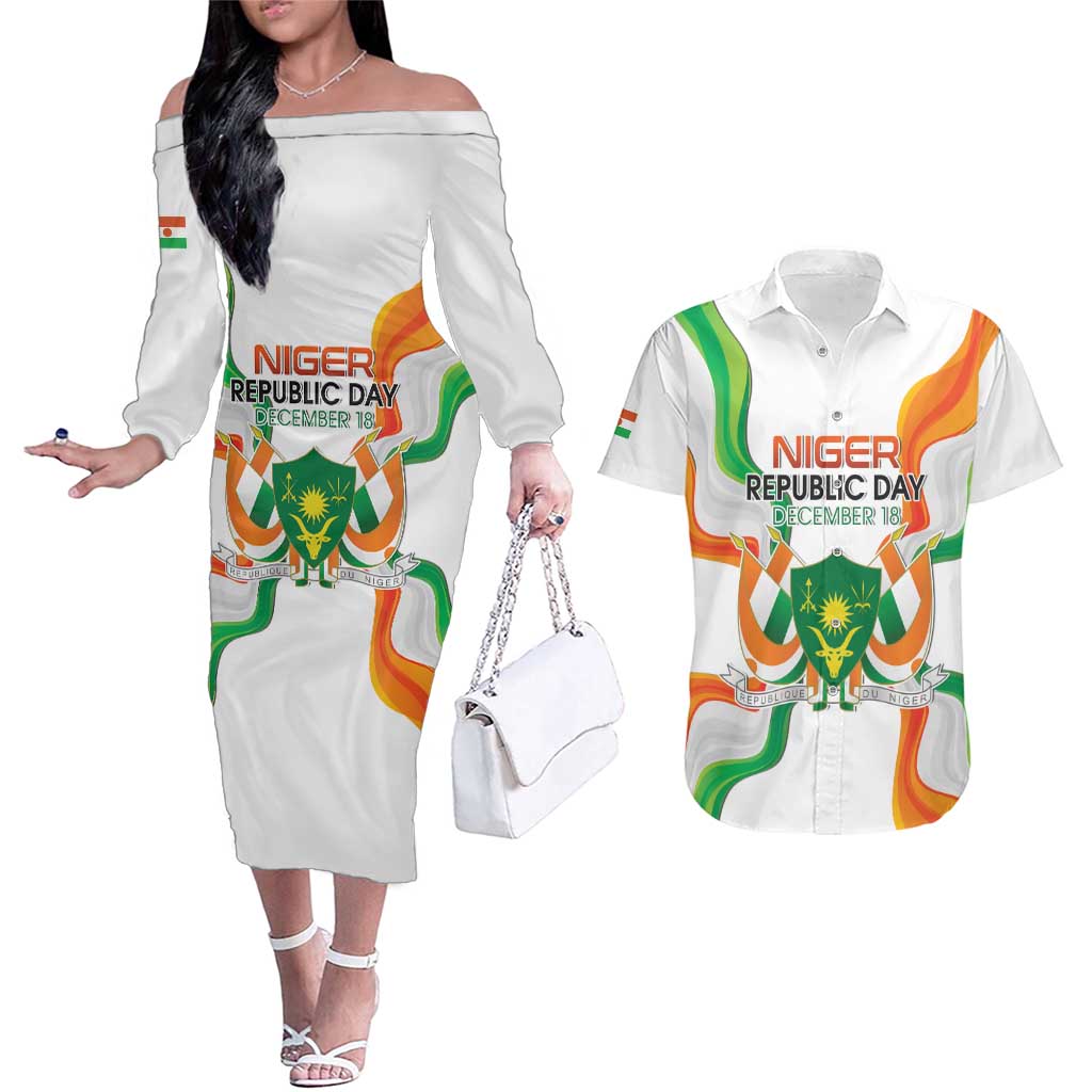 Personalized Niger Republic Day Couples Matching Off The Shoulder Long Sleeve Dress and Hawaiian Shirt Coat Of Arms With Flag - Wonder Print Shop