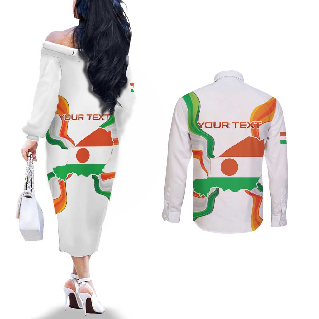 Personalized Niger Republic Day Couples Matching Off The Shoulder Long Sleeve Dress and Long Sleeve Button Shirt Coat Of Arms With Flag - Wonder Print Shop