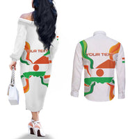 Personalized Niger Republic Day Couples Matching Off The Shoulder Long Sleeve Dress and Long Sleeve Button Shirt Coat Of Arms With Flag - Wonder Print Shop