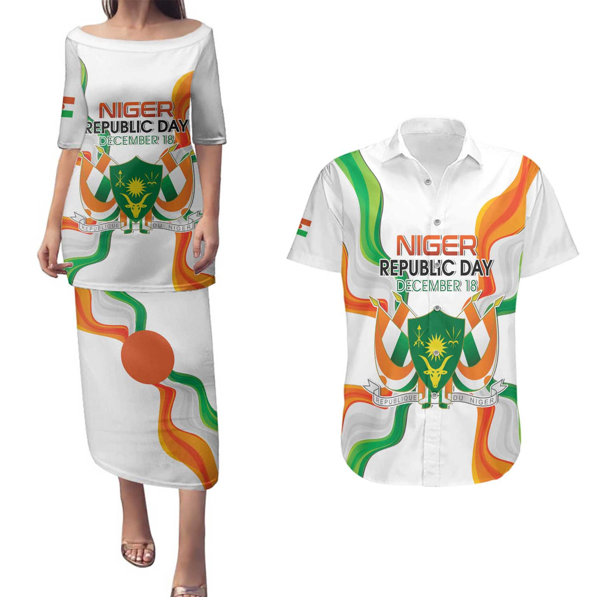 Personalized Niger Republic Day Couples Matching Puletasi and Hawaiian Shirt Coat Of Arms With Flag - Wonder Print Shop