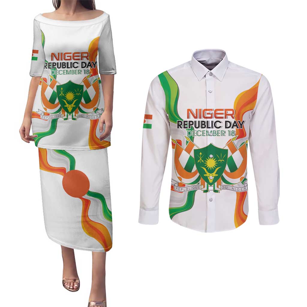 Personalized Niger Republic Day Couples Matching Puletasi and Long Sleeve Button Shirt Coat Of Arms With Flag - Wonder Print Shop
