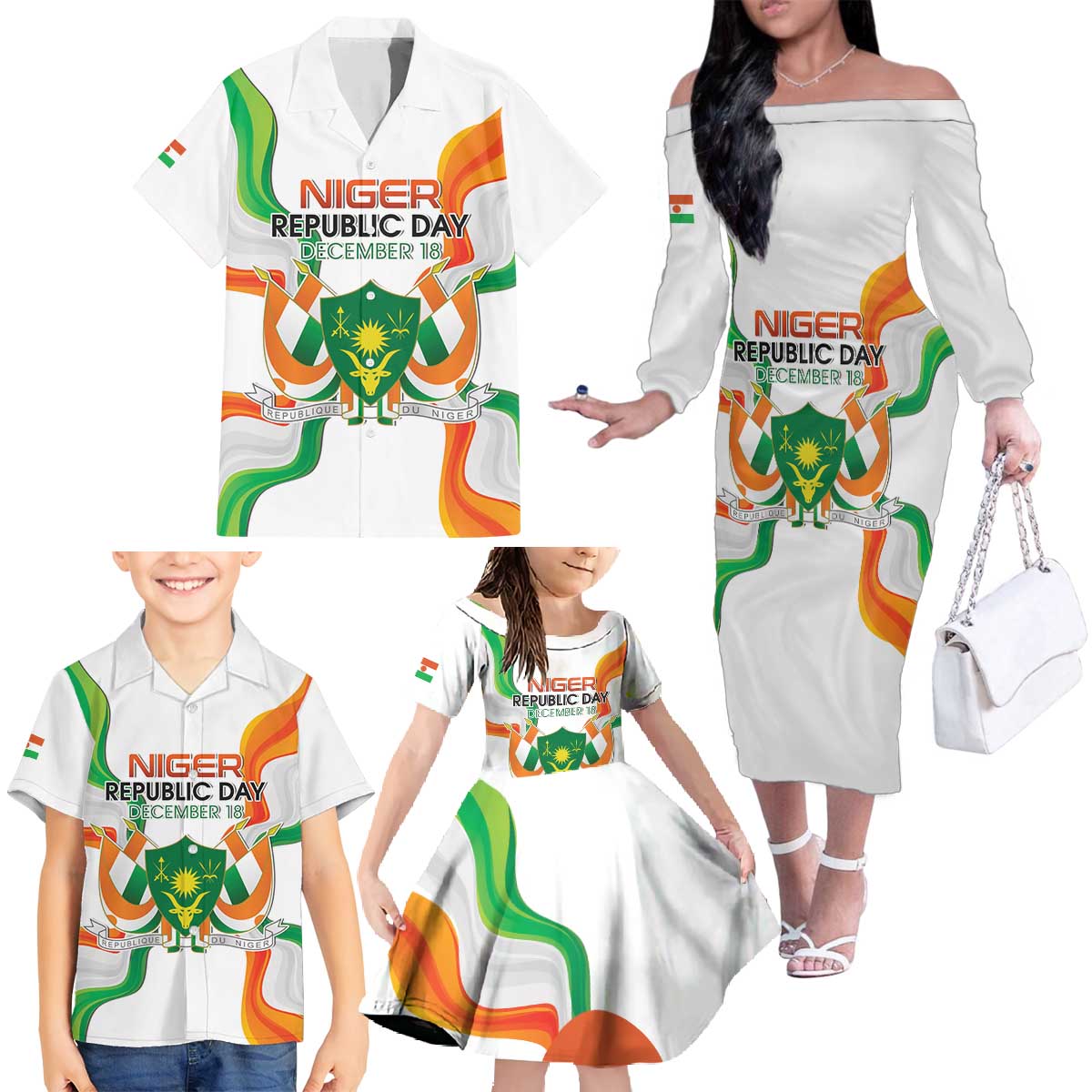 Personalized Niger Republic Day Family Matching Off The Shoulder Long Sleeve Dress and Hawaiian Shirt Coat Of Arms With Flag - Wonder Print Shop