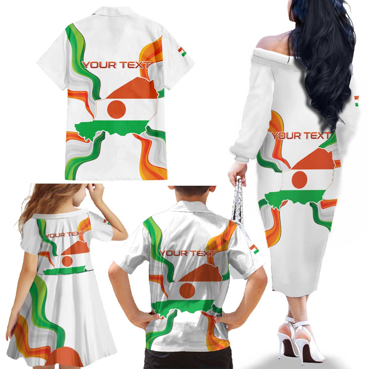 Personalized Niger Republic Day Family Matching Off The Shoulder Long Sleeve Dress and Hawaiian Shirt Coat Of Arms With Flag - Wonder Print Shop