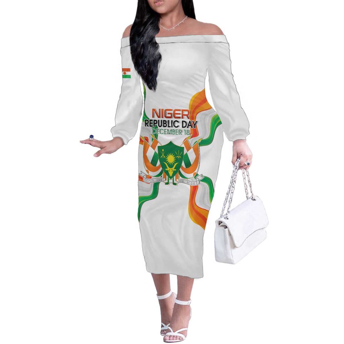Personalized Niger Republic Day Family Matching Off The Shoulder Long Sleeve Dress and Hawaiian Shirt Coat Of Arms With Flag - Wonder Print Shop