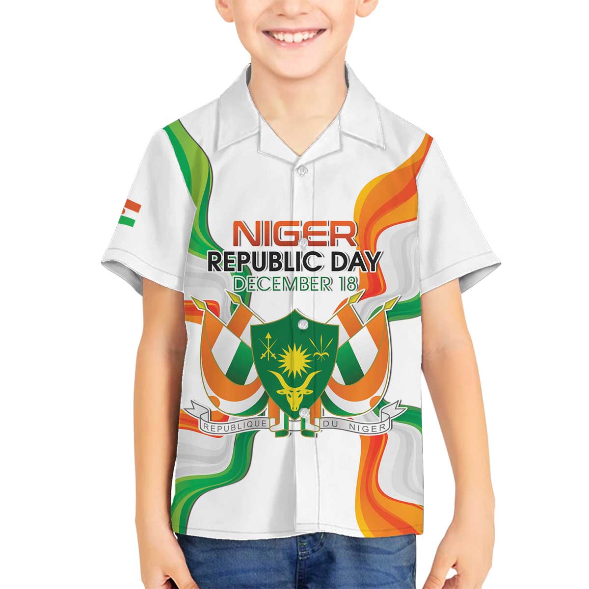 Personalized Niger Republic Day Family Matching Off The Shoulder Long Sleeve Dress and Hawaiian Shirt Coat Of Arms With Flag - Wonder Print Shop