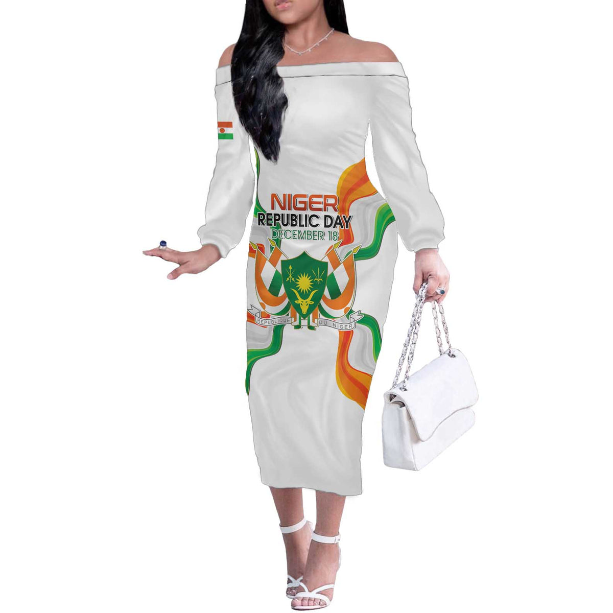 Personalized Niger Republic Day Off The Shoulder Long Sleeve Dress Coat Of Arms With Flag - Wonder Print Shop
