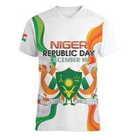 Personalized Niger Republic Day Women V-Neck T-Shirt Coat Of Arms With Flag - Wonder Print Shop
