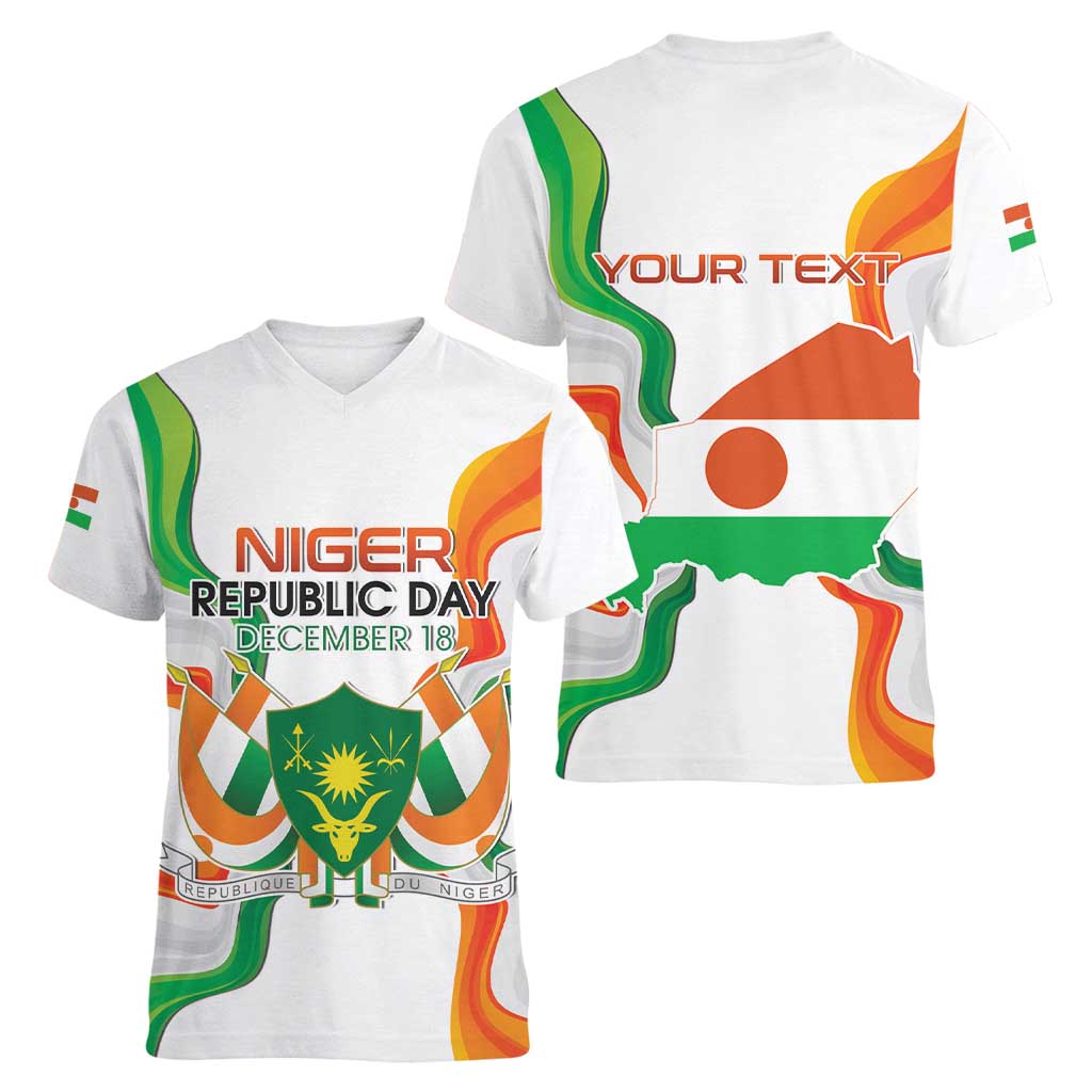 Personalized Niger Republic Day Women V-Neck T-Shirt Coat Of Arms With Flag - Wonder Print Shop