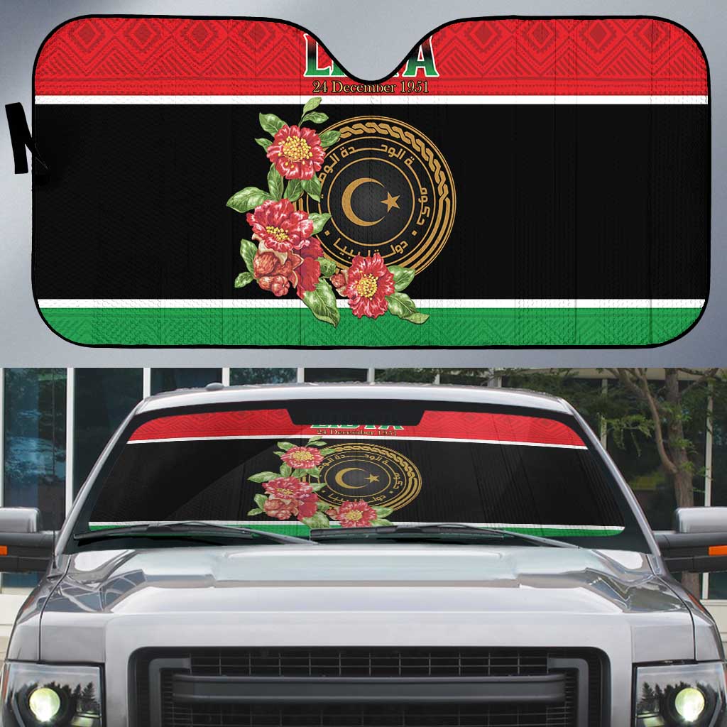 Libya Independence Day Auto Sun Shade Pomegranate Blossom With Libyan Seal - Wonder Print Shop