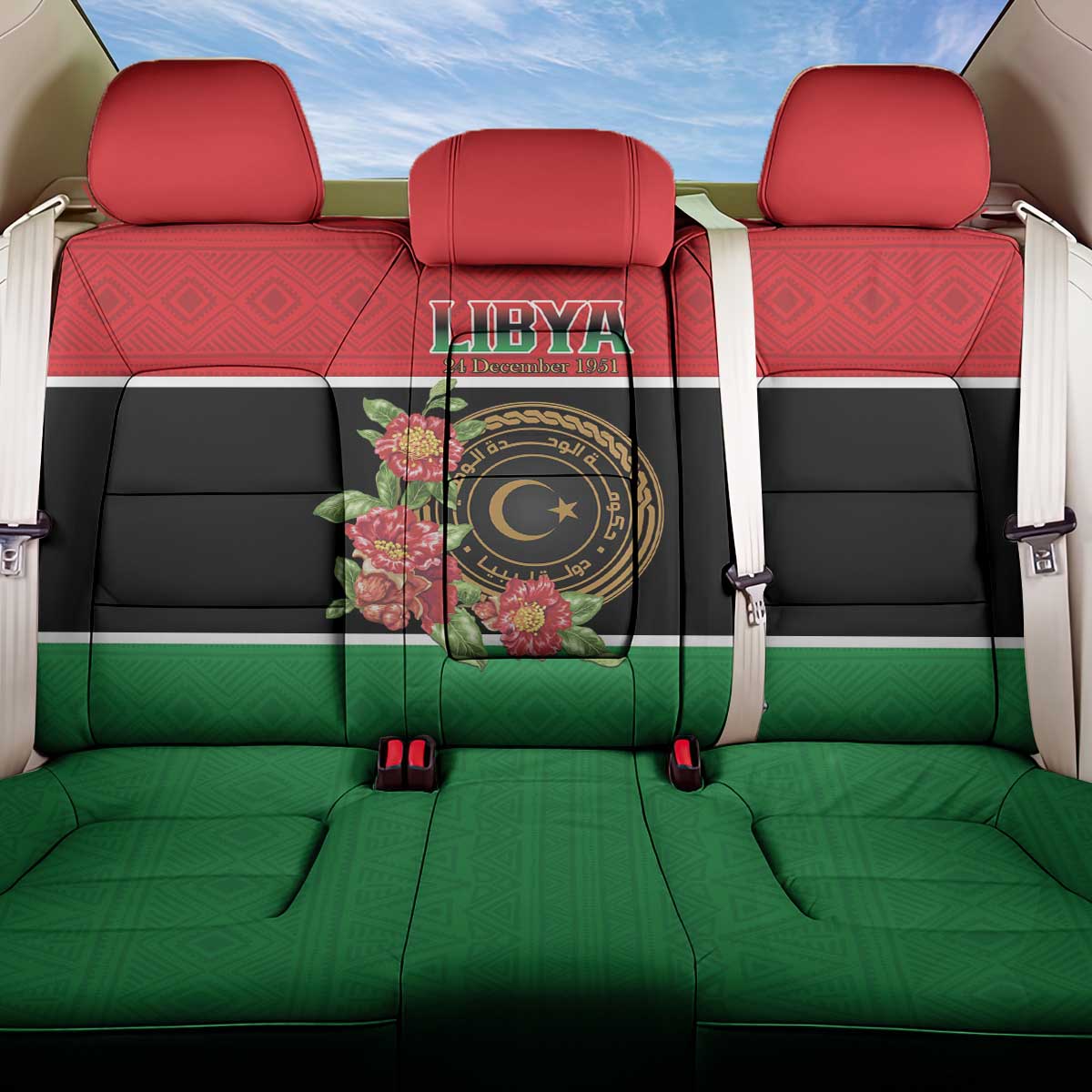 Libya Independence Day Back Car Seat Cover Pomegranate Blossom With Libyan Seal - Wonder Print Shop