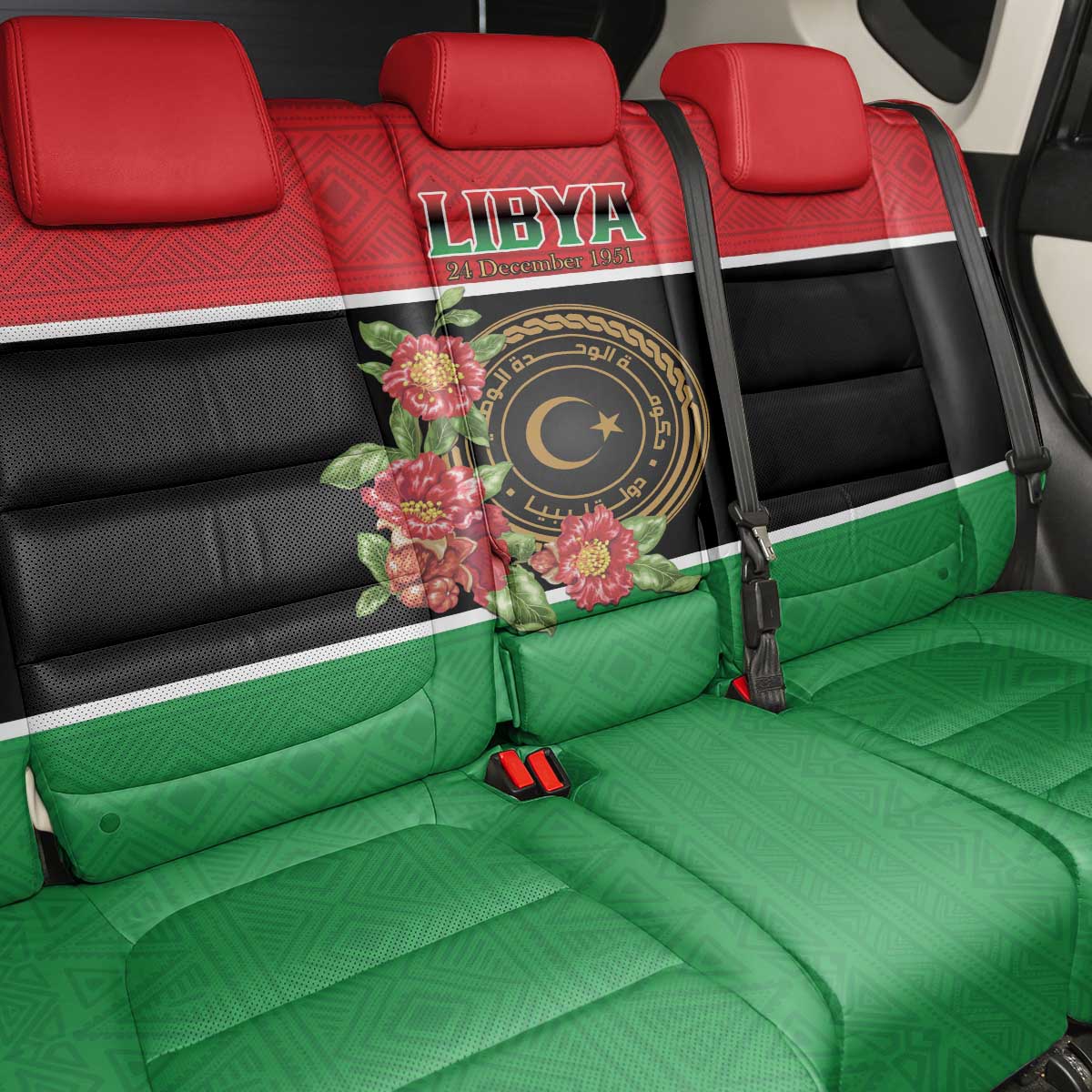 Libya Independence Day Back Car Seat Cover Pomegranate Blossom With Libyan Seal - Wonder Print Shop