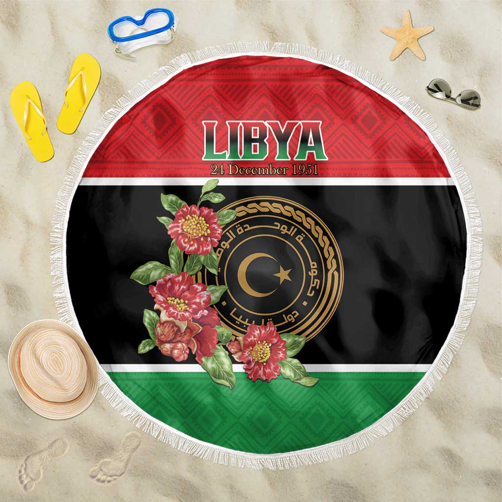 Libya Independence Day Beach Blanket Pomegranate Blossom With Libyan Seal - Wonder Print Shop