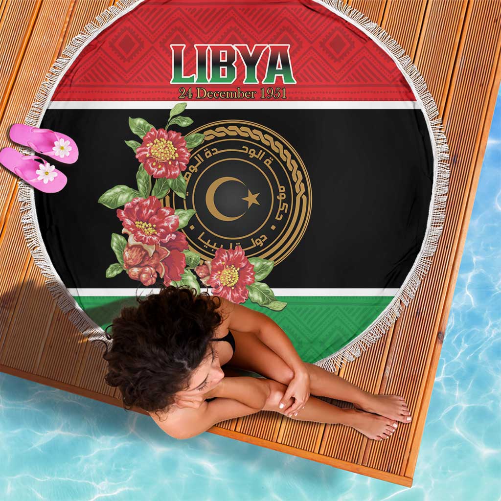 Libya Independence Day Beach Blanket Pomegranate Blossom With Libyan Seal - Wonder Print Shop