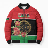 Personalized Libya Independence Day Bomber Puffer Jacket Pomegranate Blossom With Libyan Seal - Wonder Print Shop