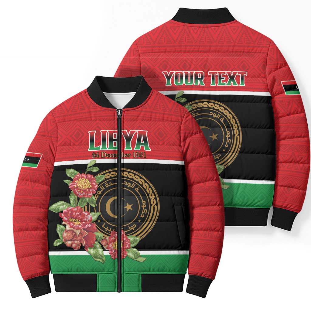 Personalized Libya Independence Day Bomber Puffer Jacket Pomegranate Blossom With Libyan Seal - Wonder Print Shop