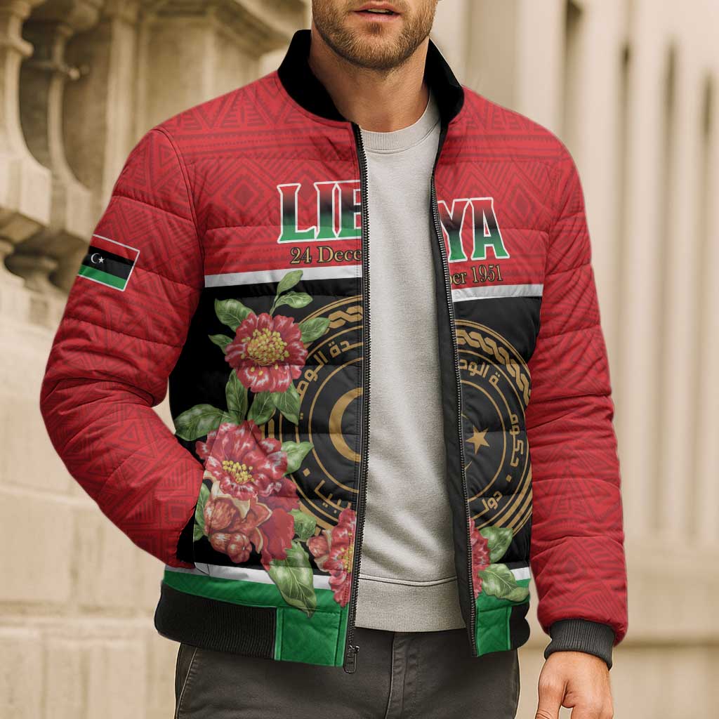 Personalized Libya Independence Day Bomber Puffer Jacket Pomegranate Blossom With Libyan Seal - Wonder Print Shop