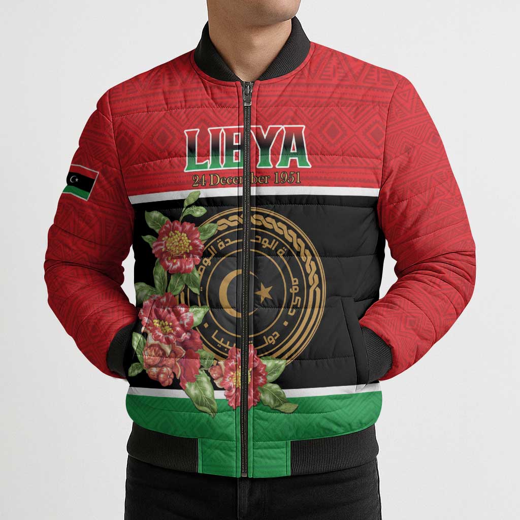 Personalized Libya Independence Day Bomber Puffer Jacket Pomegranate Blossom With Libyan Seal - Wonder Print Shop