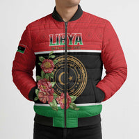 Personalized Libya Independence Day Bomber Puffer Jacket Pomegranate Blossom With Libyan Seal - Wonder Print Shop
